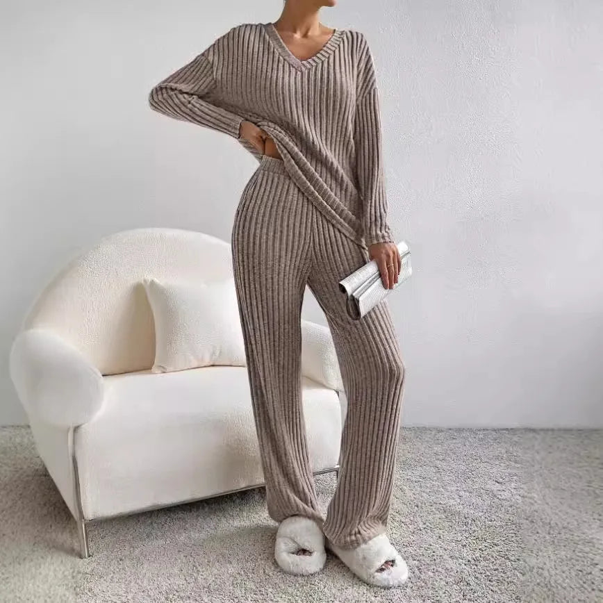 Maluz | Damen Lässiger Zweiteiliger Rippstrick Lounge Set